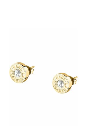 Gyldne ørestikker med klare krystalcentre og indgraverede cirkulære kanter med teksten "KARL LAGERFELD."
