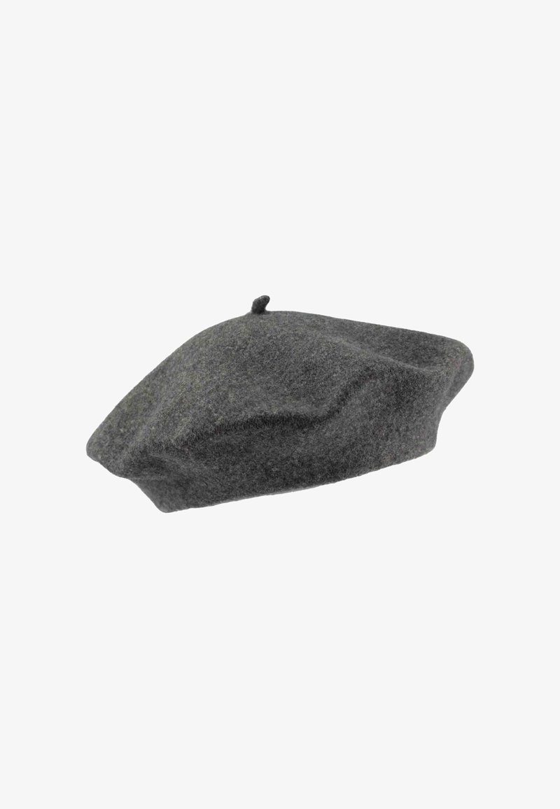 Beret gri din lână, cu o formă rotundă și plată, având un mici nod în partea de sus și o suprafață texturată. Design simplu și culoare neutră.