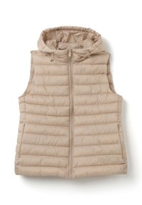 Gilet imbottito beige con cappuccio, tessuto trapuntato, chiusura frontale con zip e cordino regolabile per il cappuccio, dotato di due tasche laterali.