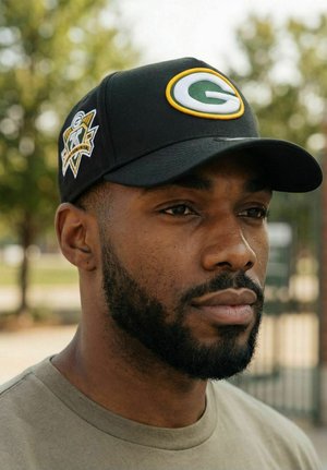 Mann mit kurzem Bart, der eine schwarze Baseballkappe mit einem grünen und gelben "G"-Logo sowie ein beiges Hemd trägt, im Freien vor einem verschwommenen Hintergrund mit Bäumen.