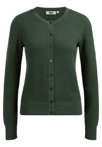 Grön stickad cardigan med ett mönster i textur, rund hals och knappknäppning fram. Har långa ärmar samt ribbade manschetter och nederkant.