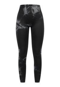 Leggings neri con un motivo grigio simile al marmo. Vita alta, design elegante, texture liscia e vestibilità a lunghezza completa.