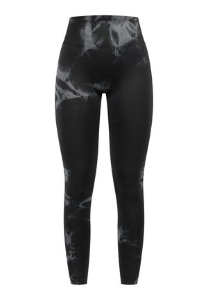 Black leggings with a marble-like gray pattern. High waistband, sleek design, smooth texture, and full-length fit.