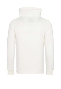 White sweatshirt with a high collar, long sleeves, and elastic cuffs. Made of soft fabric, features a stitched patch detail on the back.