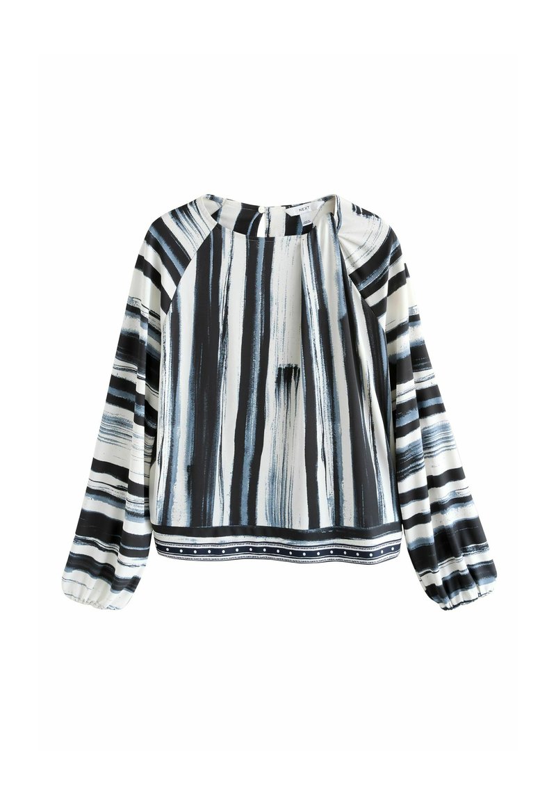 Bluzka z długim rękawem w paski w kolorach czarnym, białym i niebieskim. Gładka tkanina, okrągły dekolt i elastyczne mankiety.