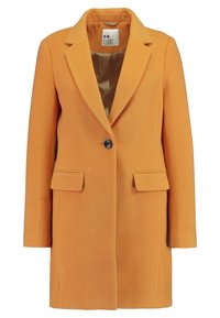 Manteau en laine orange avec col cranté, fermeture à un bouton et deux poches avant. Présente un design lisse et non structuré.