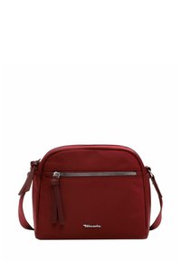 Red nylon crossbody bag with a rounded shape. Features a front zip pocket, leather accents, and adjustable strap. Silver logo detail visible.