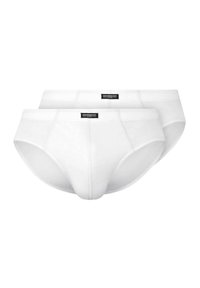 Białe bawełniane slipy w opakowaniu po dwa, z klasycznym krojem, elastycznym paskiem w talii oraz małą czarną metką z logo z przodu.