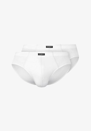 Białe bawełniane slipy w opakowaniu po dwa, z klasycznym krojem, elastycznym paskiem w talii oraz małą czarną metką z logo z przodu.