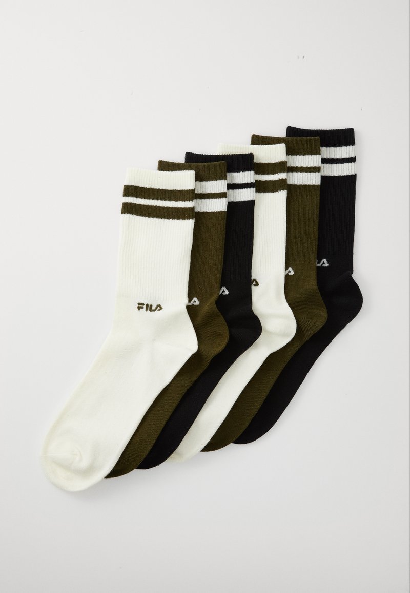 Hat zoknik hat párban fehér, olíva zöld és fekete színben, kontrasztos fehér csíkkal és Fila logóval a szegélyén.