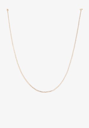 Colar de corrente em metal banhado a ouro, composto por pequenos elos redondos, com um acabamento liso e brilhante e fecho de clasp padrão.