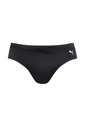 Black bikini bottom with a smooth, sleek texture. Features a high-cut design and a small white Puma logo on the left hip.