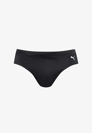 Zwarte bikinionder met een gladde, strakke textuur. Heeft een hoge uitsnijding en een klein wit Puma-logo op de linkerheup.