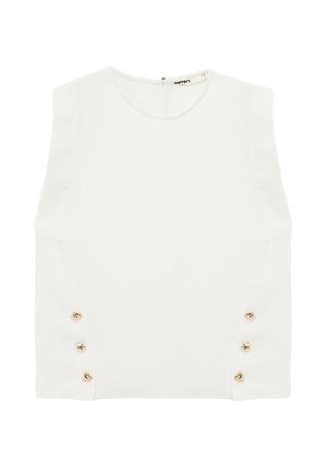 Mouwloze witte blouse met een ronde halslijn en zes gouden knopen, drie aan elke kant bij de onderzoom.