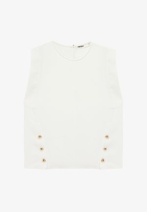 Mouwloze witte blouse met een ronde halslijn en zes gouden knopen, drie aan elke kant bij de onderzoom.