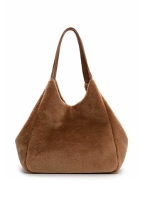 Sac hobo en fourrure brune avec une texture douce, doté de deux poignées en cuir marron et d'une silhouette arrondie et spacieuse.