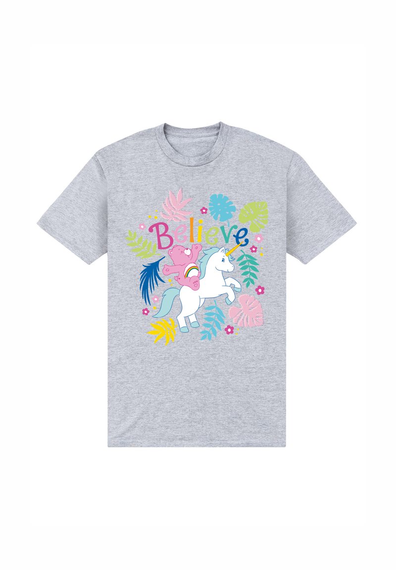 Camiseta gris de manga corta con un gráfico colorido de un unicornio y un oso, con el texto "Cree" rodeado de patrones florales.