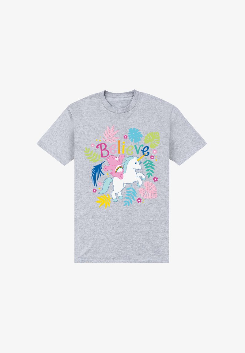 Camiseta gris de manga corta con un gráfico colorido de un unicornio y un oso, con el texto "Cree" rodeado de patrones florales.
