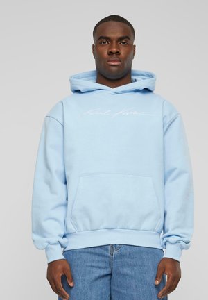 Light blue hoodie with front pocket, ribbed cuffs, and hem. Features embroidered text across the chest in white. Casual, relaxed fit.