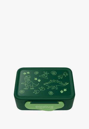 Grüne Lunchbox aus Kunststoff, mit Dinosaurier-Motiven und -Drucken, einem grünen Verschluss und dem "ergobag"-Logo auf der Vorderseite.