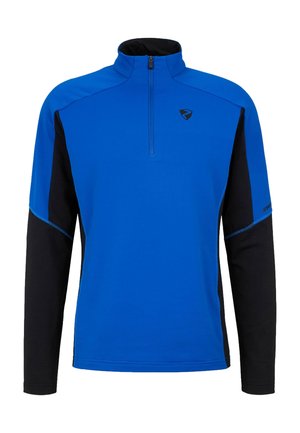 Blauwe en zwarte pullover met lange mouwen en een kwartritssluiting, voorzien van contrasterende mouwen en een logo op de borst. Gladde textuur, sportief ontwerp.