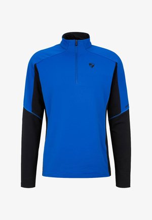 Blauwe en zwarte pullover met lange mouwen en een kwartritssluiting, voorzien van contrasterende mouwen en een logo op de borst. Gladde textuur, sportief ontwerp.