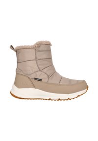 Wasserdichte beige Winterstiefel mit einem gesteppten Design, einem plüschigen Fellkragen und einer strukturierten Gummisohle. Mit einem Logoanhänger an der Seite.