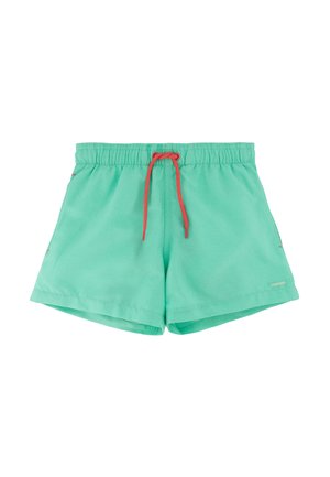 Pantalones cortos de baño turquesa con cintura elástica y cordón rojo contrastante, vista frontal, estilo informal para nadar o para la playa.