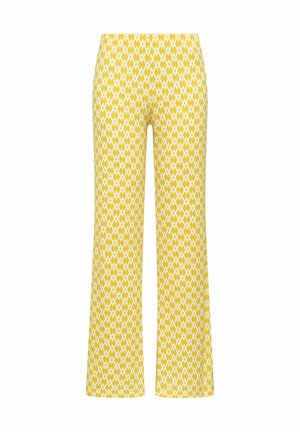 Gelbe Hose mit weitem Bein und weißem diamantförmigem geometrischem Muster, elastischem Bund, gerader Schnitt, knöchellang.