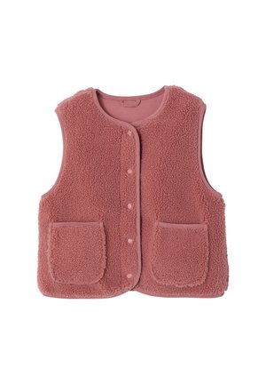 Ärmellose pinke Fleeceweste mit rundem Ausschnitt, vorderen Druckknöpfen und zwei aufgesetzten Taschen vorne, entwickelt für Wärme und Komfort.