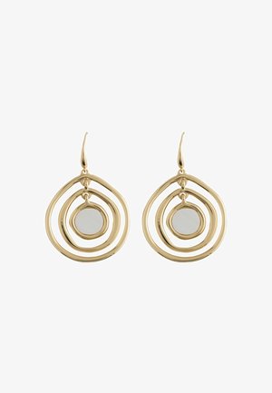 Gold-tone drop earrings with three concentric, irregular circular hoops and a small round mirror at the center of each.