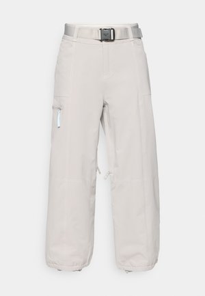 Light gray cargo pants with a wide leg design, adjustable belt, side pockets, and zip details, made from durable, moisture-wicking material.