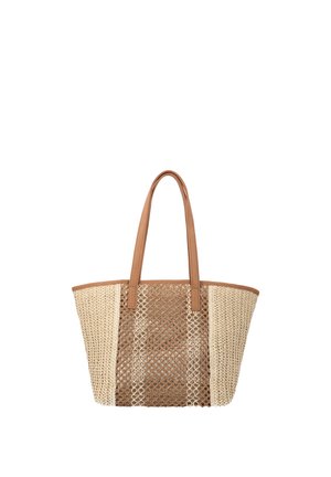 Totebag med lysebrune vævede sider, brun mesh foran og brune læderhåndtag mod hvid baggrund.