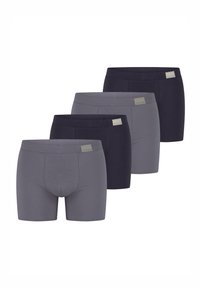 Fire par boxer shorts i mørkegrå og marineblå, med en glat stof, tætsiddende pasform og små logoer på kanten.