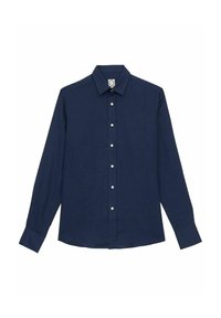 Chemise à manches longues bleu marine en tissu doux, avec un devant à boutons, un col pointu et des poignets standards.