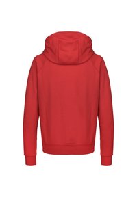 Rode hoodie met een ruime capuchon, lange mouwen, ribgebreide boorden en onderrand. Gemaakt van zacht, duurzaam materiaal met een gladde textuur.