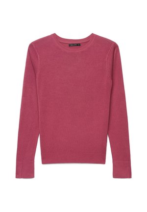 Maglione a collo tondo con maniche lunghe in colore rosa polvere uniforme, con polsini e orlo a coste, disteso su sfondo bianco.