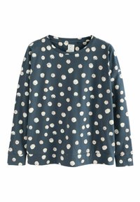 Blauer Sweatshirt mit runden cremefarbenen Punkten, aus weicher Baumwolle gefertigt, verfügt über lange Ärmel und einen Rundhalsausschnitt. Einfaches, lässiges Design.