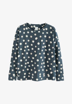Blå sweatshirt med runda krämfärgade prickar, tillverkad av mjuk bomull, har långa ärmar och rundad halsringning. Enkel, avslappnad passform.