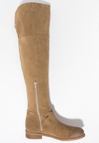 Over-the-knee boots made of tan suede featuring a side zipper, a rounded toe, and a low stacked heel with a stitched accent detail.