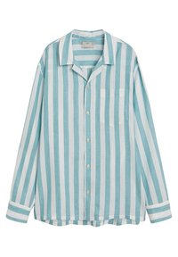 Chemise à manches longues avec boutons, à larges rayures verticales bleu sarcelle et blanches, poche poitrine, tissu en coton, style décontracté.