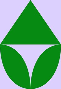 Πράσινος γεωμετρικός σχεδιασμός με ένα μεγάλο τρίγωνο που δείχνει προς τα πάνω πάνω από ένα στρογγυλό τμήμα, σε παλ ιώδιο φόντο.