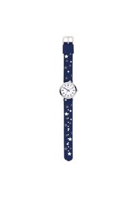 Navyfarbene Stoffarmbanduhr mit einem weißen Zifferblatt und schwarzen Markierungen, silbernen Bauteilen und Sternmustern auf dem Armband in Silber und Weiß.