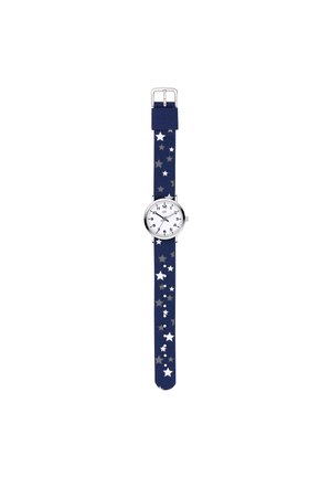 Navyfarbene Stoffarmbanduhr mit einem weißen Zifferblatt und schwarzen Markierungen, silbernen Bauteilen und Sternmustern auf dem Armband in Silber und Weiß.
