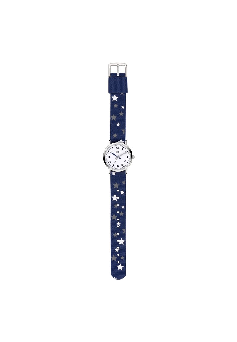 Navyfarbene Stoffarmbanduhr mit einem weißen Zifferblatt und schwarzen Markierungen, silbernen Bauteilen und Sternmustern auf dem Armband in Silber und Weiß.