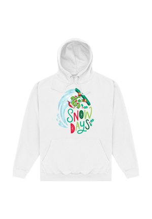Biała bluza z kapturem z kolorową grafiką z napisem "SNOW DAYS" przedstawiająca zieloną postać snowboardzisty wśród płatków śniegu i świątecznych akcentów.