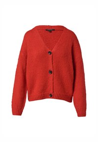 Rote Strickjacke mit V-Ausschnitt, langen Ärmeln und schwarzen Knöpfen. Hat eine lockere Passform und einen strukturierten Stoff mit geripptem Saum.