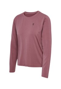 Långärmad skjorta i mauve tyg, rund halsringning, med en liten svart logotyp på vänster bröst. Mjuk struktur och avslappnad passform.