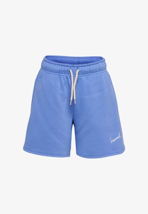 Blaue Freizeithose mit elastischem Bund und weißem Kordelzug, mit kleinem weißem "hummel"-Logo am unteren linken Bein.