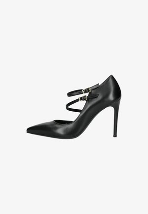 Escarpins en cuir noir avec un bout pointu, dotés de deux brides de cheville ajustables et d'un talon aiguille. Texture lisse, design minimaliste.